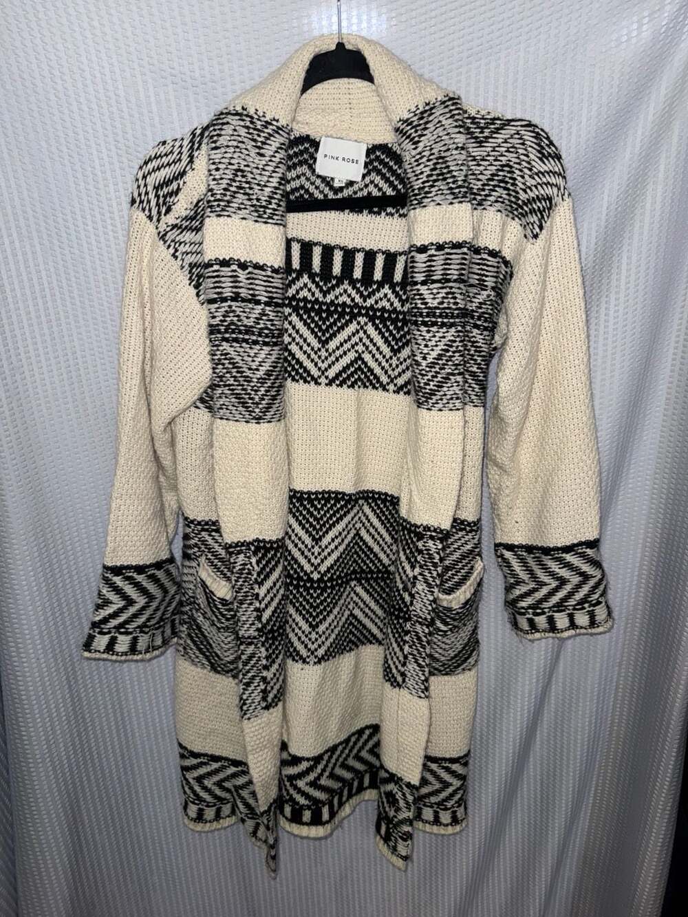 Pink Rose Women's XS Black and White Geometric Pattern Open Front Cardigan